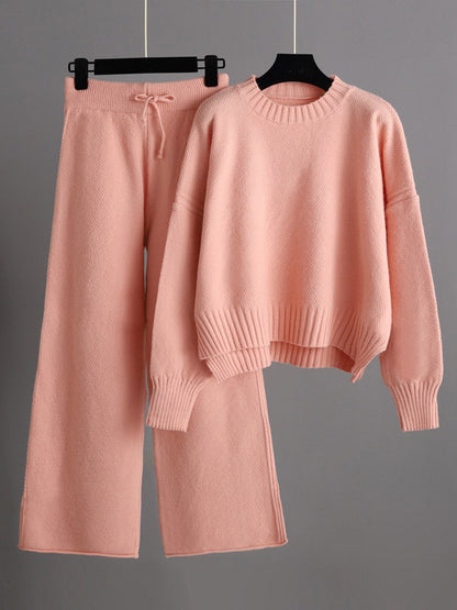 xakxx Stylish Loose High-Low Long Sleeves Solid Color Round-Neck Sweater Tops& Wide Leg Pants Two Pieces Set