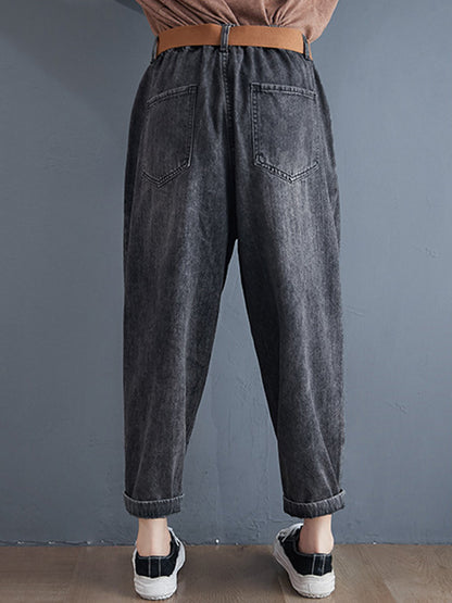 xakxx Artistic Retro Loose Velvet Elasticity Belted Jean Pants