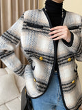 xakxx Long Sleeves Buttoned Contrast Color Plaid V-Neck Jackets Outerwear