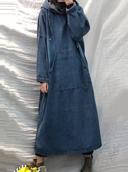 xakxx Vintage Loose Denim Drawstring Hooded Midi Dress