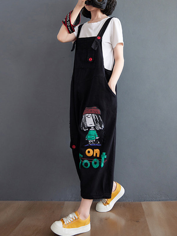 xakxx Original Cartoon Printed Puff Denim Overalls