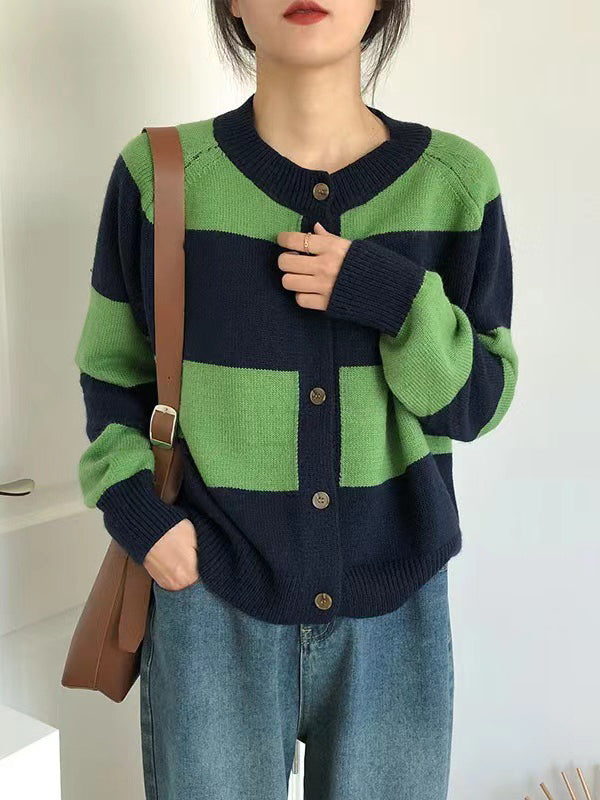 xakxx Casual Buttoned Contrast Color Striped Cardigan Tops