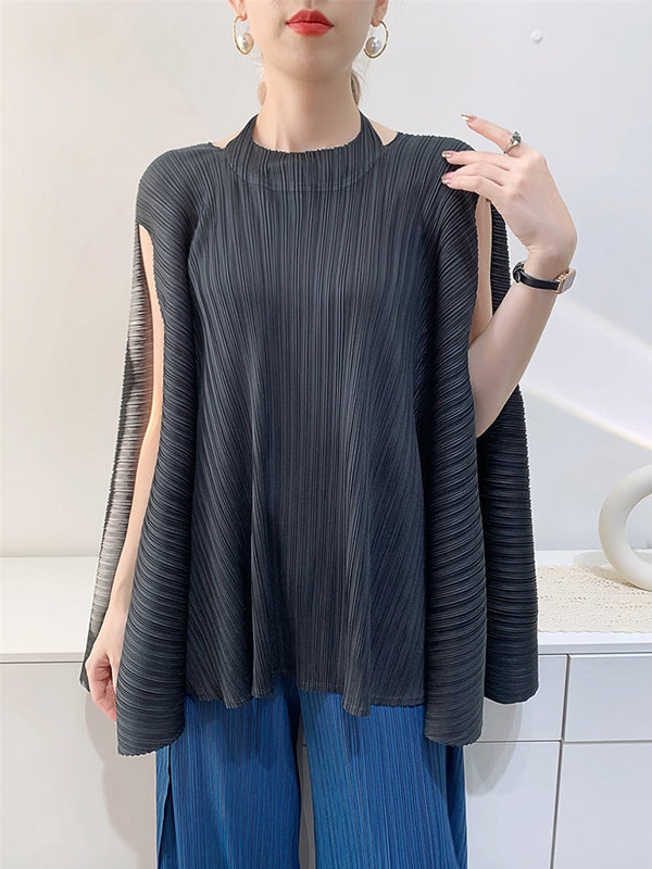 xakxx Loose Sleeveless Pleated Solid Color Halter-Neck T-Shirts Tops