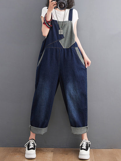 xakxx Casual Denim Contrast Color Split-Joint Overalls