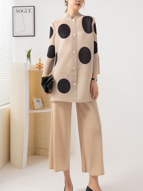 xakxx Long Sleeves Loose Pleated Polka Dot Stand Collar Two Pieces Set