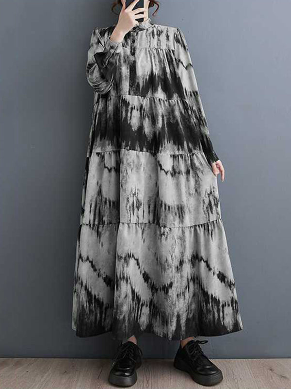 xakxx A-Line Long Sleeves Pleated Printed Split-Joint Stand Collar Midi Dresses