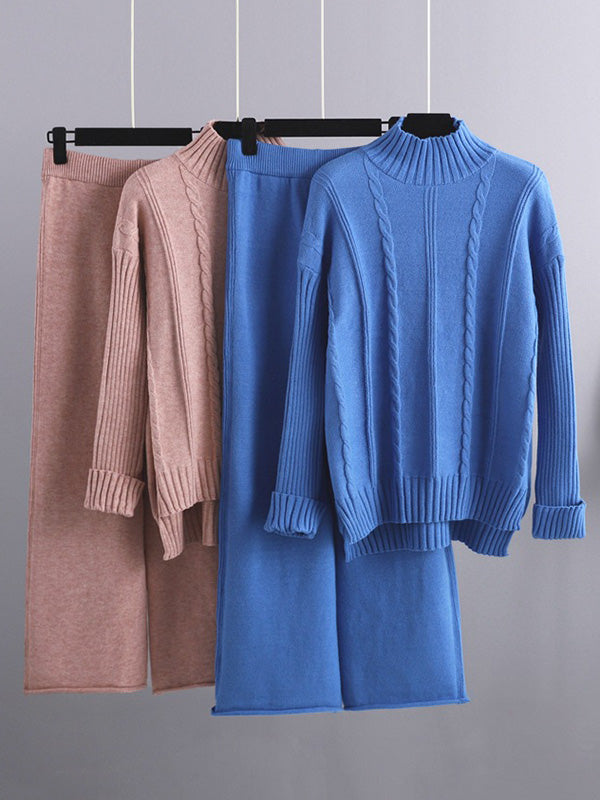 xakxx Loose Long Sleeves Split-Side Solid High-Low Half Turtleneck Sweater Tops & Wide Leg Pants Two Pieces Set