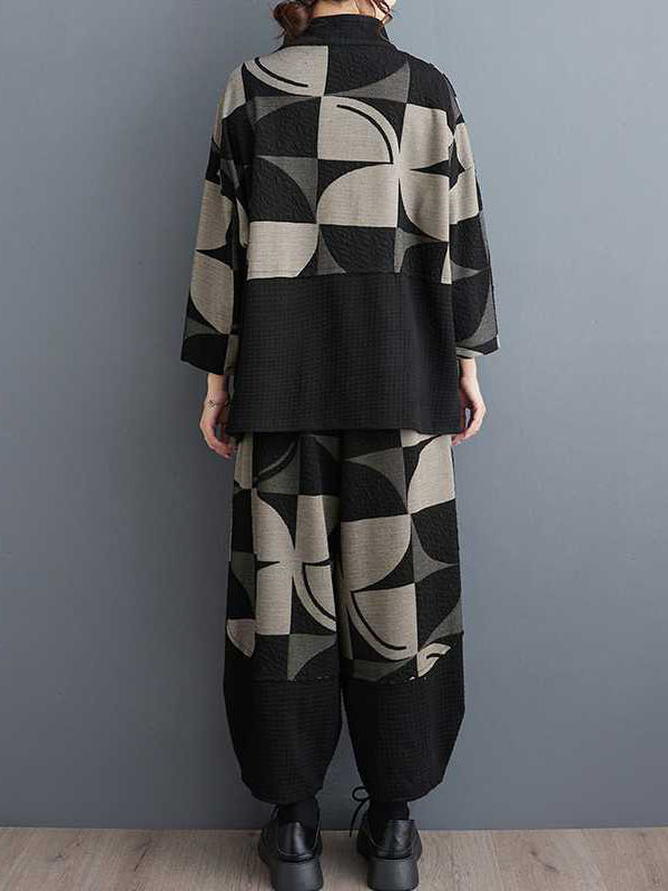 xakxx Long Sleeves Asymmetric Buttoned Printed Stand Collar Sweatshirt Top + Harem Pants Pants Bottom Two Pieces Set