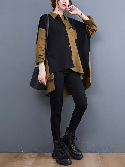 xakxx Artistic Retro Loose Split-Joint With Pocket Buttoned Lapel Collar Long Sleeves False Two Blouse