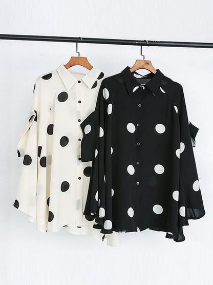 xakxx Batwing Sleeves High-Low Polka-Dot Lapel Blouses&Shirts Tops