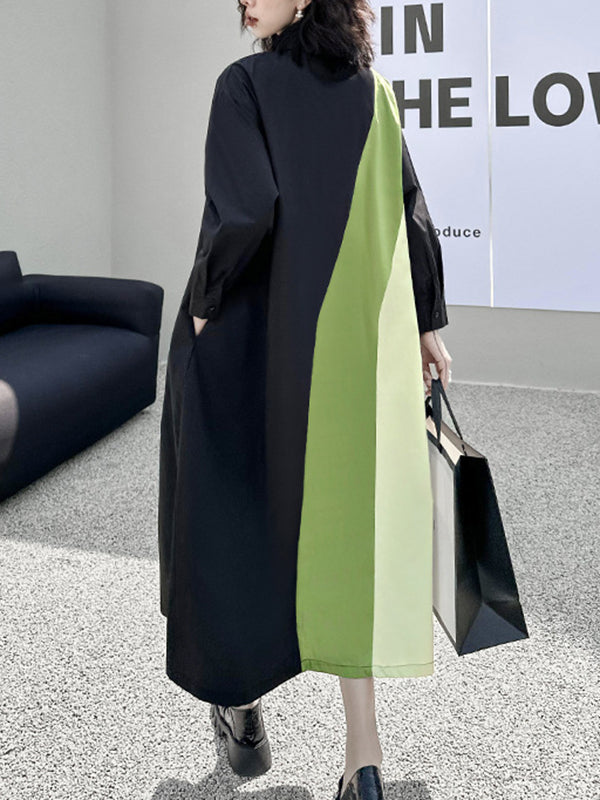 xakxx Long Sleeves Loose Asymmetric Buttoned Contrast Color Split-Joint Lapel Midi Dresses Shirt Dress