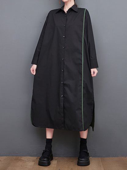 xakxx Long Sleeves Loose Asymmetric Buttoned Split-Joint Split-Side Lapel Midi Dresses Shirt Dress