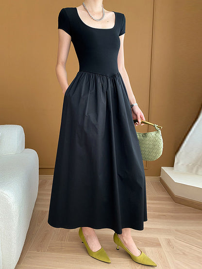 xakxx A-Line High Waisted Pleated Solid Color Square-Neck Midi Dresses