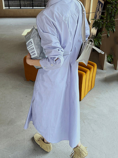 xakxx Long Sleeves Loose Asymmetric Solid Color Lapel Shirt Dress