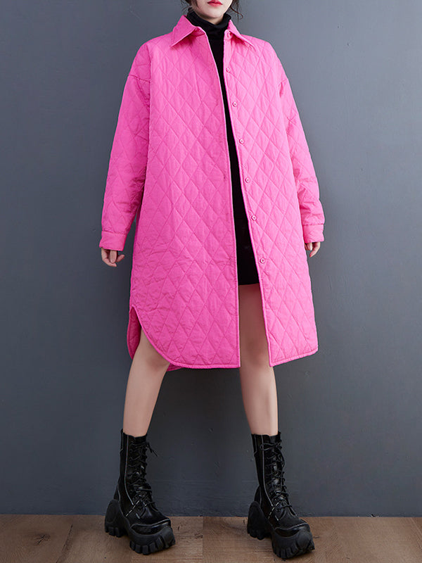 xakxx Simple Loose Rhombic Belted Solid Color Lapel Padded Coat