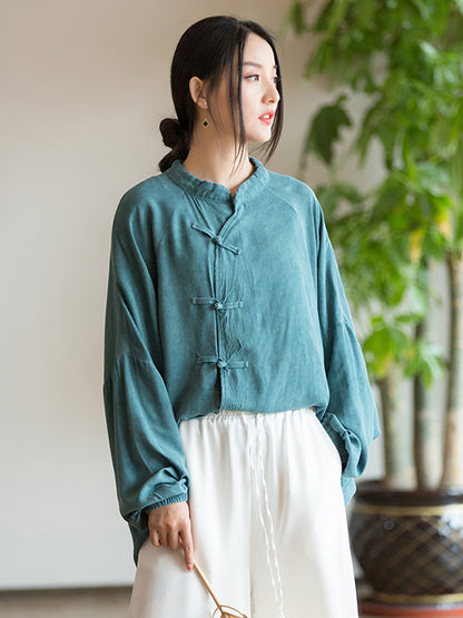 xakxx Artistic Retro Loose Long Sleeves Buttoned Solid Color Stand Collar Blouses&Shirts Tops