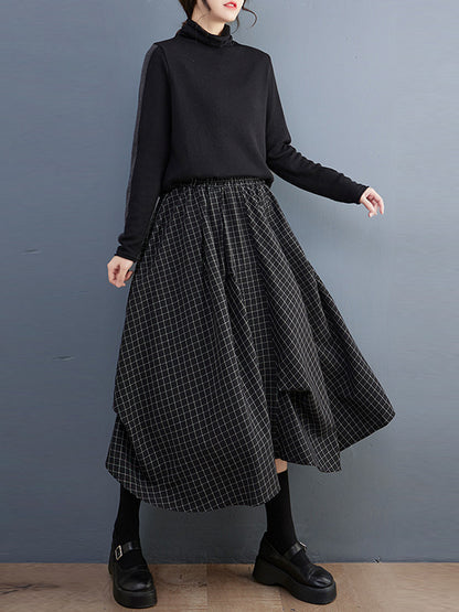 xakxx Loose Irregular Clipping Plaid Asymmetric Elasticity Skirts Bottoms