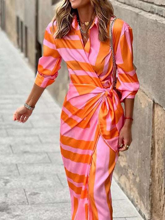 xakxx High Waisted Long Sleeves Asymmetric Knot Printed Striped Lapel Maxi Dresses