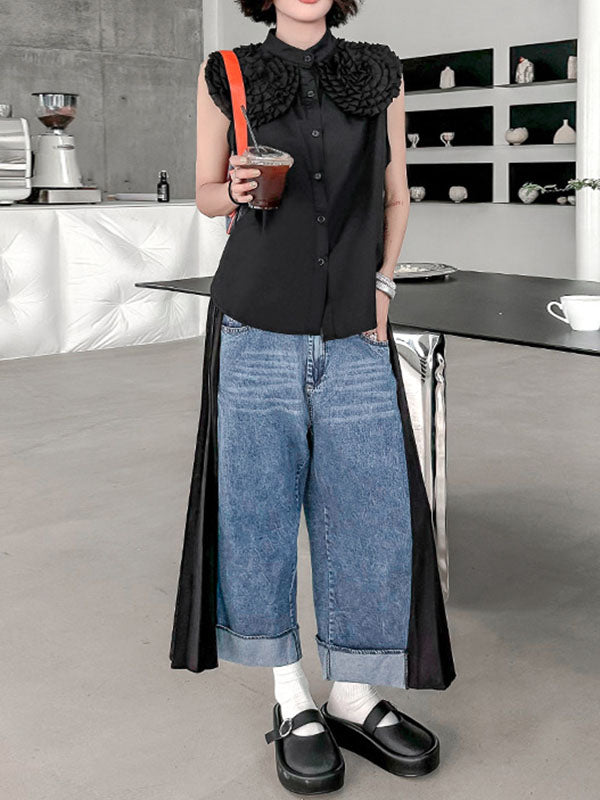 xakxx Loose Ninth Pants Contrast Color Pleated Split-Joint Wide Leg Jean Pants Bottoms