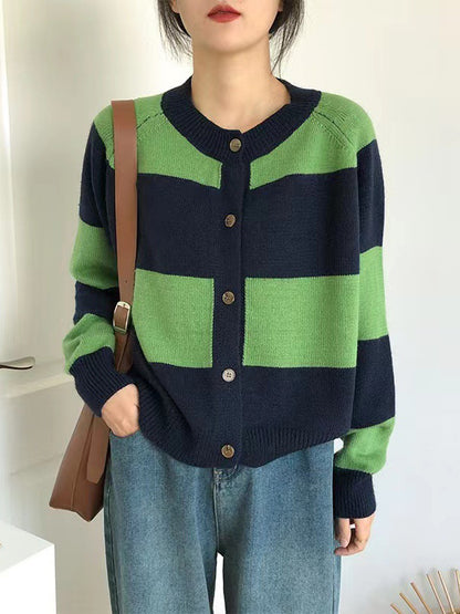 xakxx Casual Buttoned Contrast Color Striped Cardigan Tops