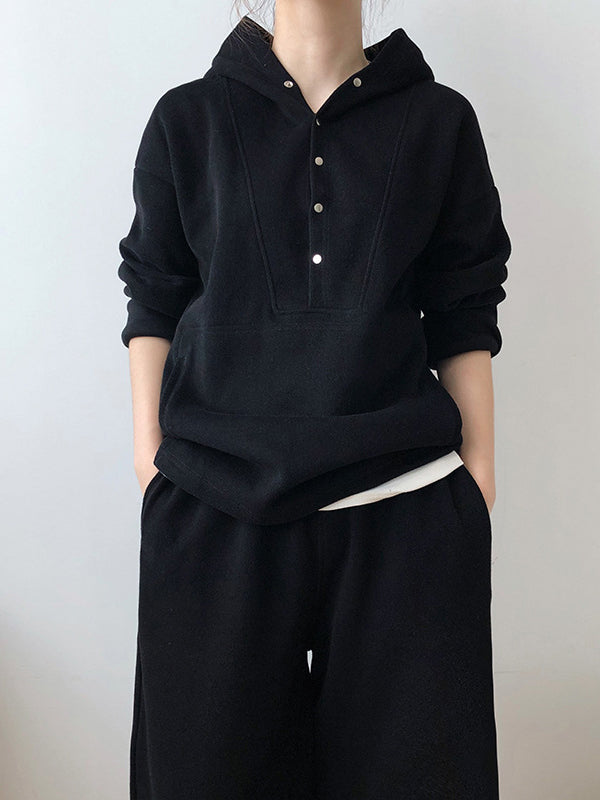 xakxx Loose Long Sleeves Split-Joint Hoodies + Elasticity Solid Color Pants Trousers Two Pieces Set