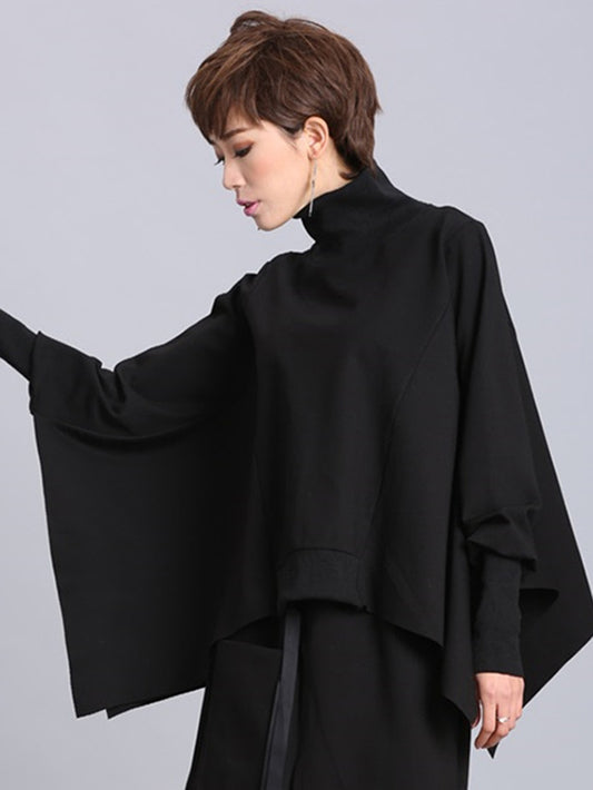 xakxx Solid Color Asymmetric High-Neck Loose Batwing Sleeve Sweatshirt