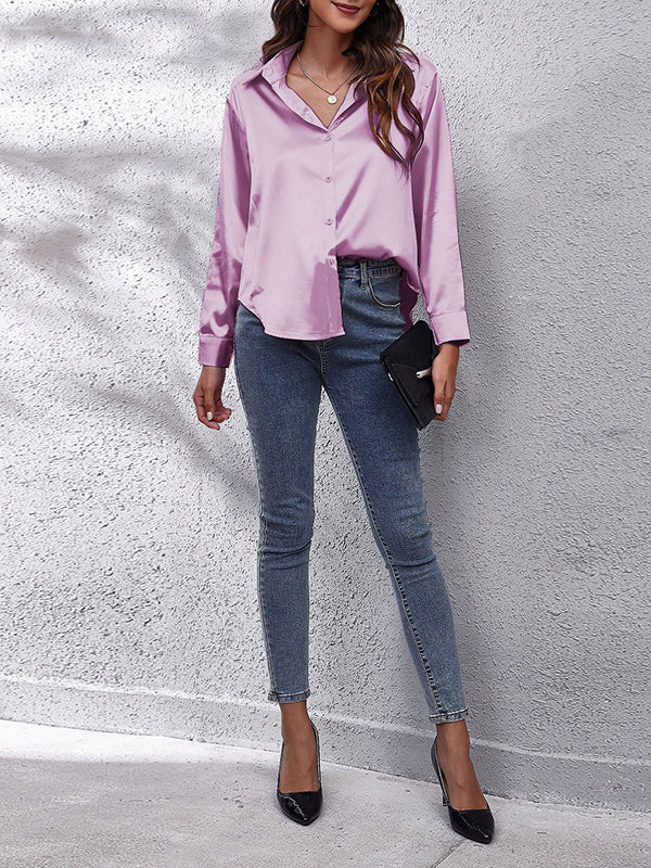 xakxx Long Sleeves Loose Solid Color Lapel Blouses&Shirts Tops