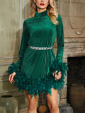 xakxx A-Line Long Sleeves Chains Feathers Solid Color Velvet Stand Collar Mini Dresses