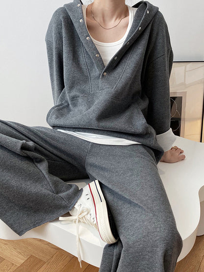 xakxx Loose Long Sleeves Split-Joint Hoodies + Elasticity Solid Color Pants Trousers Two Pieces Set