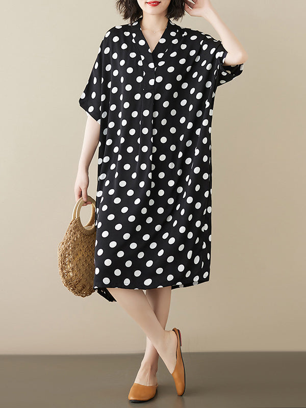 xakxx Loose Short Sleeves Polka-Dot V-Neck Midi Dresses