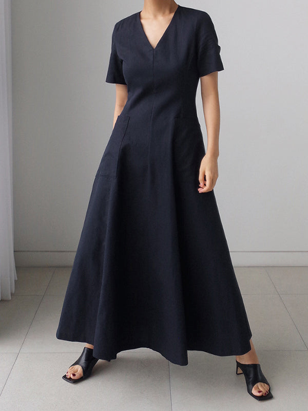 xakxx Simple Casual Solid Color Pleated Midi Dress