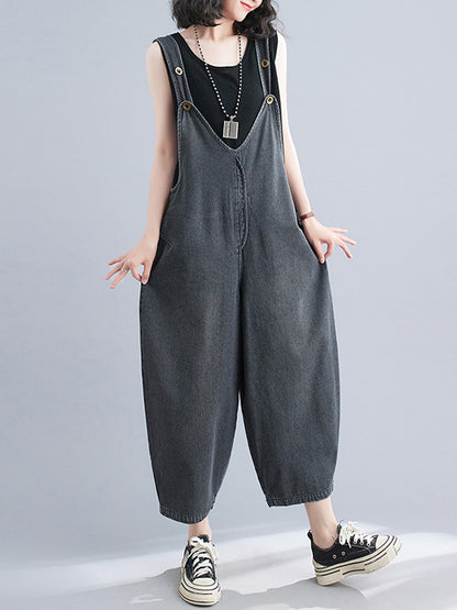 xakxx Cropped Loose Denim Buttoned Overalls