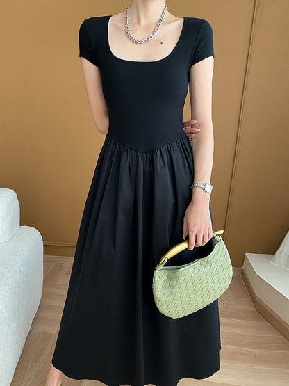 xakxx A-Line High Waisted Pleated Solid Color Square-Neck Midi Dresses