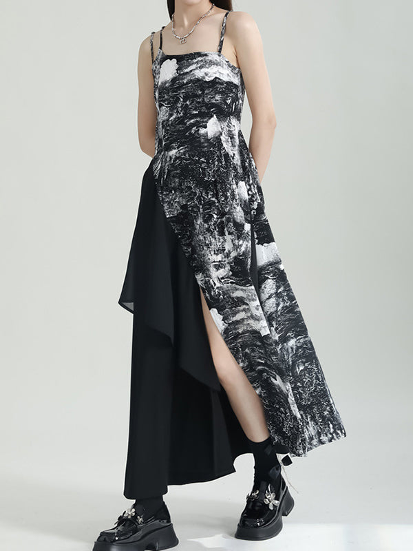 xakxx Loose Sleeveless Asymmetric Printed Split-Joint Spaghetti-Neck Midi Dresses Slip Dress