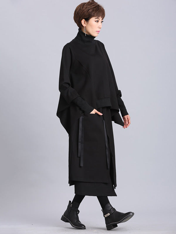 xakxx Raised Bands Split-Joint Asymmetric Black Empire Skirt