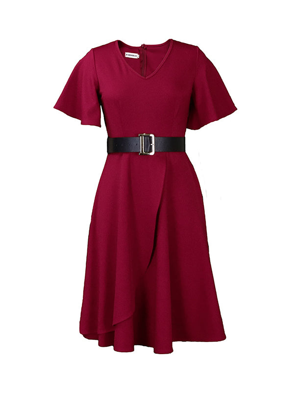 xakxx Irregular Clipping Plus Size Belted Solid Color Round-Neck Midi Dresses