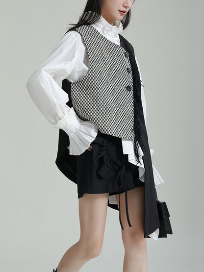 xakxx Ruffle Sleeves Sleeveless Asymmetric Buttoned Houndstooth Vest Outerwear