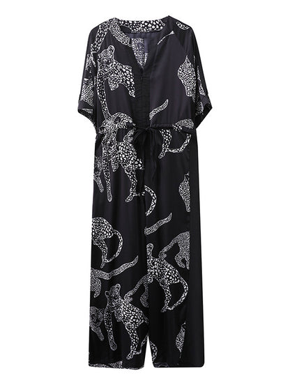 xakxx Vintage Original Floral Leopard Printed Split-Joint Tied V-Neck Half Sleeves Wide Leg Jumpsuits