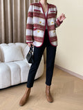 xakxx Long Sleeves Buttoned Contrast Color Plaid V-Neck Jackets Outerwear