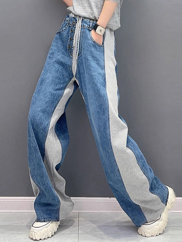 xakxx Loose Straight Leg Buttoned Contrast Color Drawstring Elasticity Split-Joint Pants Trousers