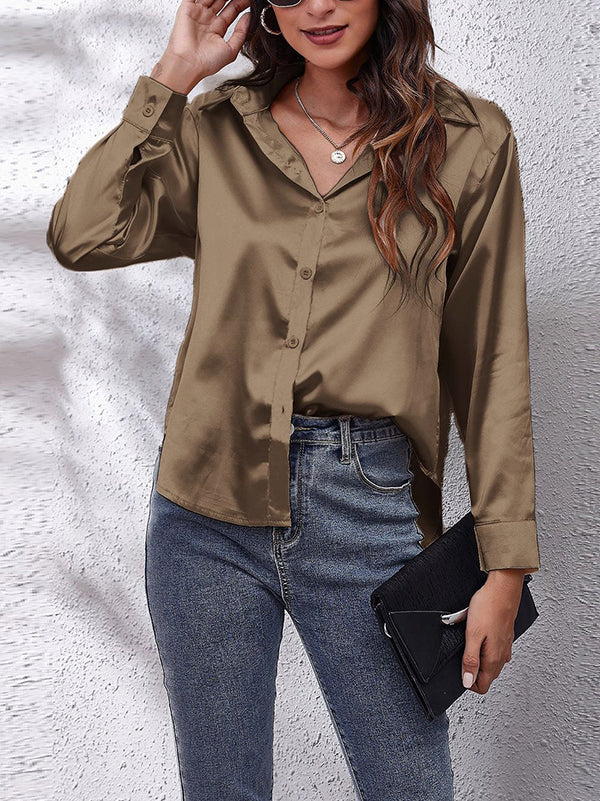 xakxx Long Sleeves Loose Solid Color Lapel Blouses&Shirts Tops