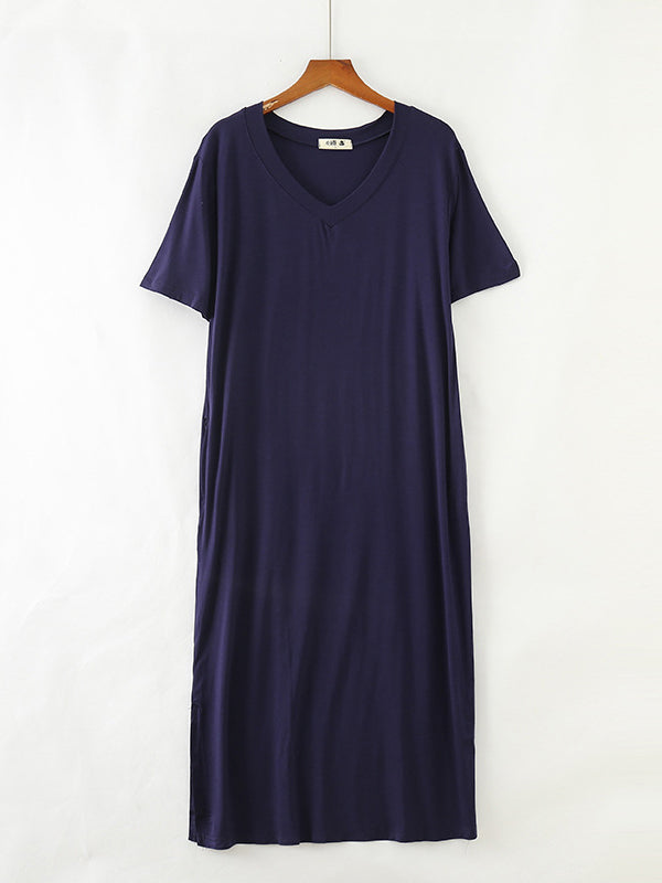 xakxx Simple Short Sleeves Loose Split-Side Solid Color V-Neck Pajamas Dress