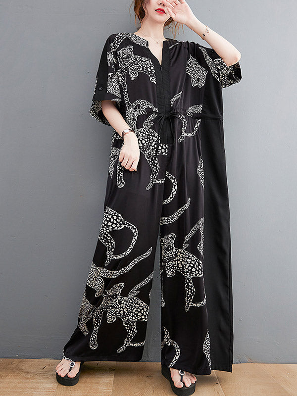 xakxx Vintage Original Floral Leopard Printed Split-Joint Tied V-Neck Half Sleeves Wide Leg Jumpsuits