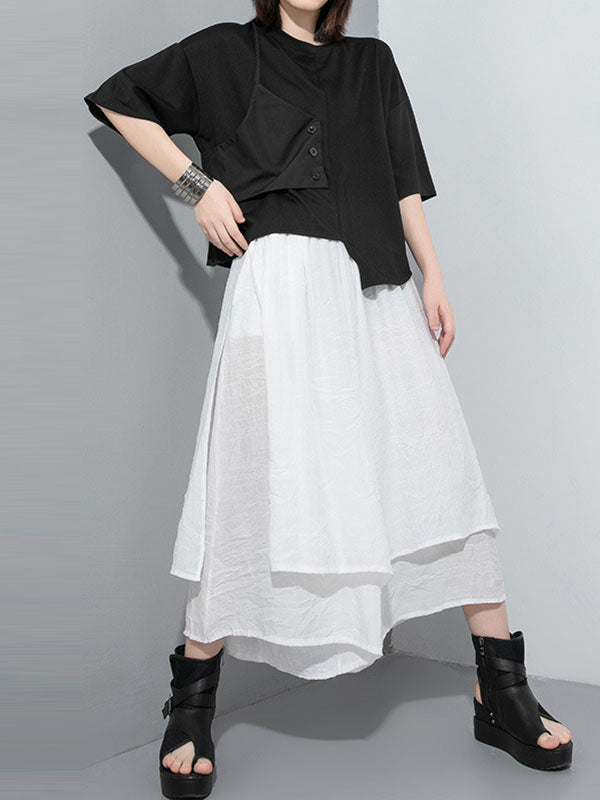 xakxx Loose Wide Leg Elasticity Solid Color Split-Joint Ninth Pants