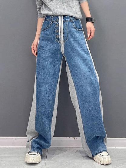 xakxx Loose Straight Leg Buttoned Contrast Color Drawstring Elasticity Split-Joint Pants Trousers