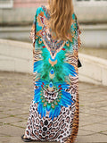 xakxx Batwing Sleeves Loose Leopard Split-Side Tiger Skin Pattern V-Neck Beach Cover-Up Maxi Dresses