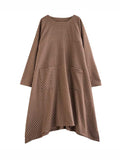 xakxx Long Sleeves Loose Pockets Printed Split-Joint Split-Side Round-Neck Midi Dresses