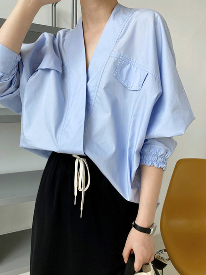 xakxx Trendy Batwing Sleeves Solid Color V-Neck Blouses