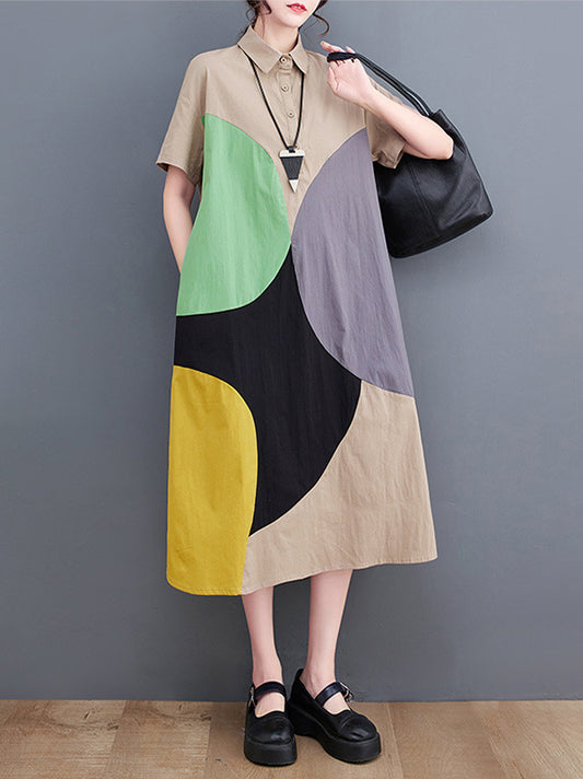 xakxx Loose Oversize Color-Block Contrast Color Split-Joint Lapel Midi Dresses Shirt Dress