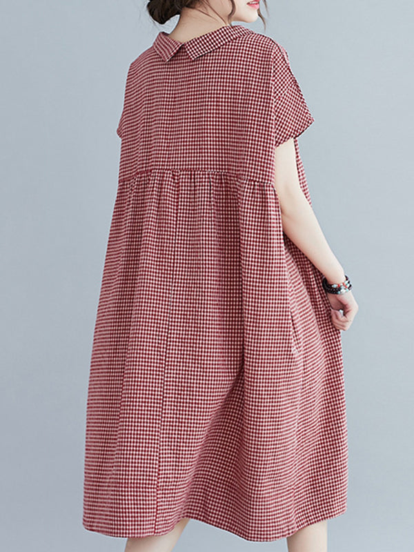 xakxx Artistic Retro Loose Plaid Buttoned Lapel Collar Midi Dress